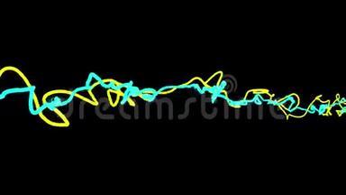 两条蓝黄色的线在空间动画背景中扭动-新质量动态技术运动视频